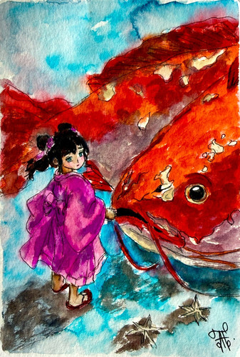 Japon fille peinture - , poisson