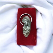 Antique Virgin Silver Tin Child Standing Frame on Red Velvet RJ