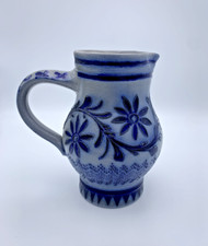 Alsace sandstone blue pitcher signed with floral decor