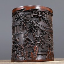 Antique Chinese Old Bamboo Carved Scenery Brush Pot Collection Office Supplies