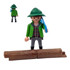 Playmobil figurine bûcheron vert chapeau scie tronc forêt ferme