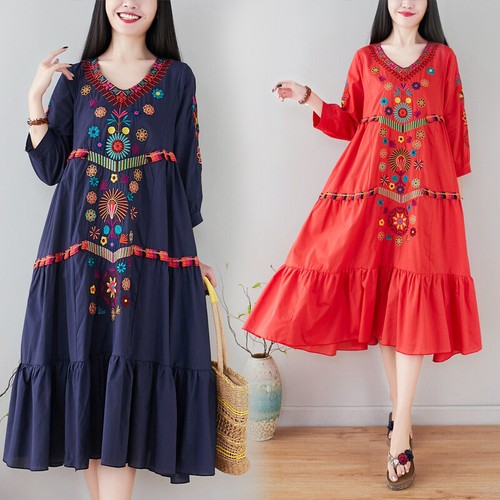 Robe midi lin ethnique à - en,