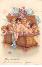 Angel - No. 76600 - Wicker trunk filled with angels and flowers - Folded card v
