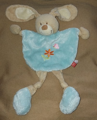 Doudou plat lapin bleu brodés - doudou,