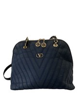 H30#Valentino Les Sacs Navy Blue Quilted Shoulder Bag Gold Logo Charm Italy Made