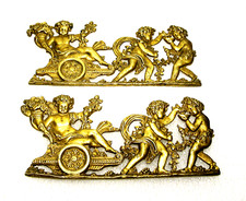 ornamental plate in BRONZE, ANGELS on trolley, pendulum, furniture, (signed LO)