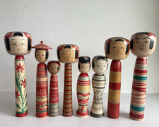 Lot of 8 Japanese Trditional Dento Kokeshi Dolls Tsuchiyu Kei 17-26cm  Signed