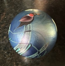 Vintage 1980 Orient & Flume Blue Luster Round Paperweight with Bird Clouds 2.75”