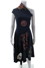 Marine Serre Womens One Shoulder A Line Dress Navy Blue Cotton Size Medium