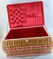 Beautiful Vintage Antique Worker Red Wicker Basket Rattan Sewing Box