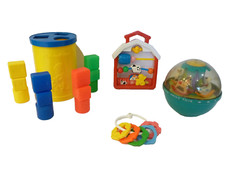24 ⚜️ Jouet Lot Fisher Price :  La Boite Cubes, Un Hochet et la Boulle Culbuto