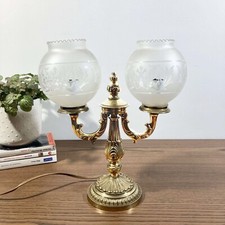 Vintage 1960s Engraved Glass Globe Gold Brass Two Arm Lamp