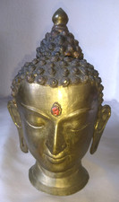 ANTIQUE LARGE BRONZE AND CORAL THAILAND BUDDHA HEAD FIGURINE FIGURINE