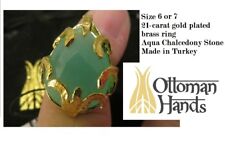 Ottoman Hands Aqua Blue Chalcedony Stone 21ct Gold Plated Brass ring+pearl inlay