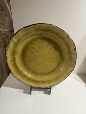 ANCIEN GRAND PLAT ROND JAUNE OCRE TERRE VERNISSEE POTERIE STYLE APTE DECO