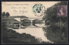 Old postcard sedan / Ardennes, view of the Meuse with bridge and barges 1905 