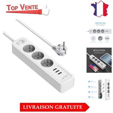 JSVER Multiprise 3 Prises + 3 Ports USB - Charge Rapide & Sécurisé en Blanc