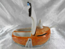 CONDIMENT SERVICE SALT SHAKER PEPPER SHAKER MUSTARD CAT ON PORCELAIN BOAT 