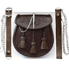 Kilt Sporran En Cuir Brun Embossé Avec Détail De Broche Et Chaîne Pour Kilts