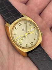 1976 Vintage Bulova Accutron Gold-Tone Day/Date Men's Tuning Fork Watch - RUNS!