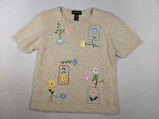 SALON STUDIO BY HABAND - WOMEN'S BEIGE EMBROIDERED SHORT SLEEVE SWEATER - SIZE L