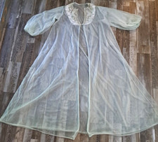 Vintage Women's Sheer Robe Mint Green Full Length Boudoir Pin Up Puff Sleeve M/L