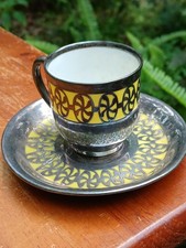 Yellow &Platinum/Silver Overlay Tea Cup &Saucer Pinwheel Design Dresden Thomas