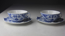 Pair of Royal Copenhagen Blue Fluted Full Lace Flat Cups and Saucers #1130