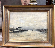 old painting oil on wood the seine before paris? snow landscape boat