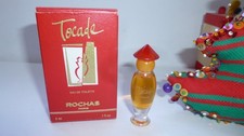 RARE & JOLIE miniature TOCADE de  ROCHAS  pleine+ BOITE bouchon ROUGE col ORANGE