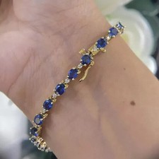 Bracelet De Tennis En Saphir Bleu Et Diamant 18K Or Jaune Sur 7,5" Pour Femmes