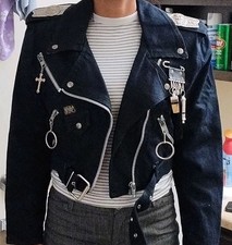 Vtg PARASUCO Moto Jacket Black Denim Sz M 21/20,5’ Biker Bomber Silver Details