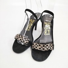 Salvatore Ferragamo Pumps with Chain and Heels Nubuck Leather black 5-0809S◎