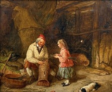Pêcheur Avec Grand Fille A Chantier Naval Intérieur 19thC D Peinture c1850 Unsgn