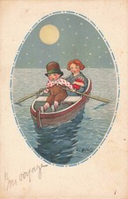 CPA FANTAISIE ILLUSTRÉE ILLUSTRATEUR C.GIRIS BALADE ENFANT EN BARQUE PLEINE LUNE