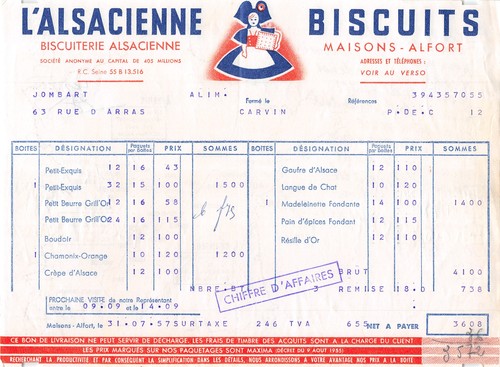 Facture 1957 biscuits - , a