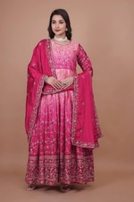 Attractive Pure Chinon Silk Pink Gown With Dupatta For Indian Reception
