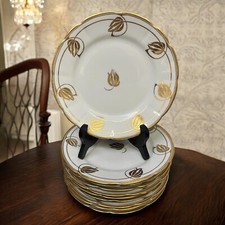 10 Antique SAXE GREEN CROWN MARK White Porcelain Plates Gold Buds Leaves 8-1/2"