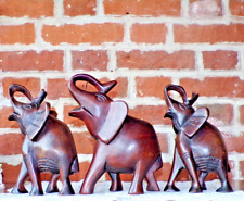 Decorative Vintage Hand Carved Wooden Elephants x3 Art Deco Style Free Standing