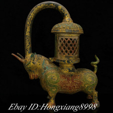 15" Old Shang Dynasty Bronze Ware Gilt Painting  Cattle Bull burner lamp statue