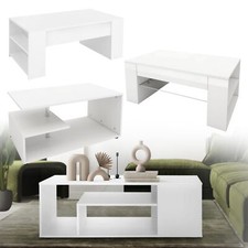 Table basse blanche de salon en mélamine avec etagère/barre décorative au choix