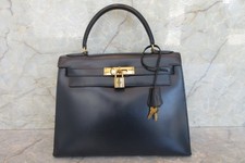 HERMES Kelly 28 Box Calf Hand Bag Navy Circle J (1980) Vintage