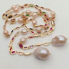 50" Freshwater Baroque Pearl Mixed Color Rectangle Cz Pave Long Chain Necklace