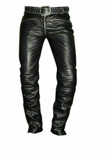 Pantalon en cuir noir pour hommes - Pantalon en jean motard en cuir véritable...
