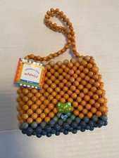 Tatiri Crocodile Creek Whimsy Frog Wood Beads Kids Purse Handmade 4”x 5” Orange