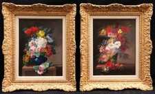 Pair of still life paintings flowers Thérèse SAINT JACQUE oil canvas roses 19th century