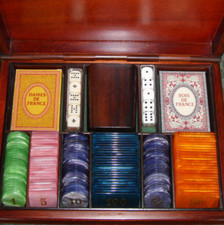 Antique Pearly Chicken Wooden Case Poker Dice Bridge Kings Queens Bucket