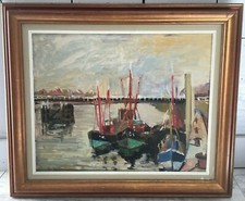 Oil on panel signed seascape port frame 43 x 51 cm artwork: 31 x 39 cm