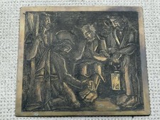 ancienne plaque matrice gravure stylisé 1950 scene religieuse LAVEMENT DES PIEDS