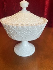 Fenton Silver Crest Footed Spanish Lace Milk Glass Candy Dish with Lid Compote
